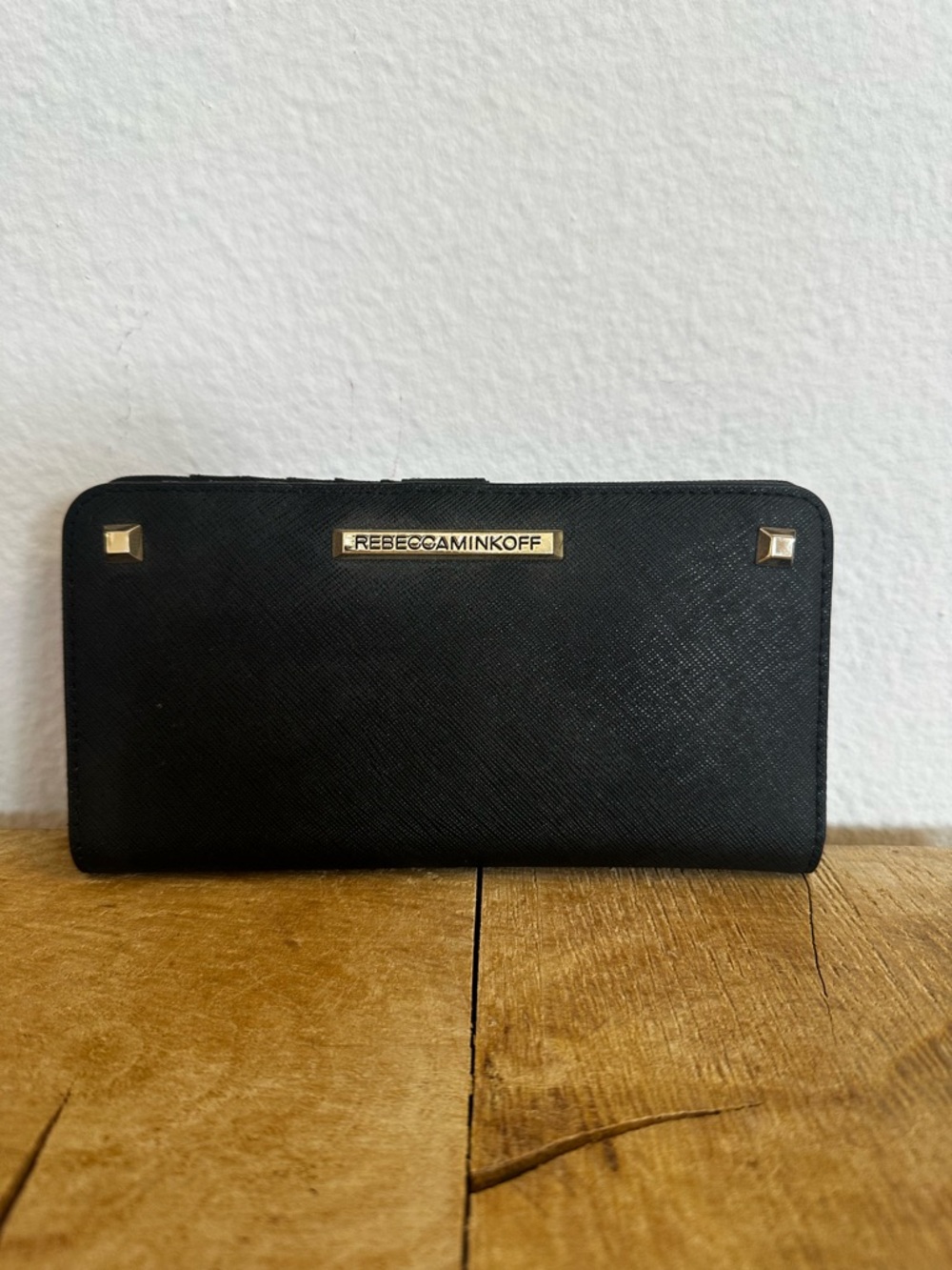 Rebecca Minkoff Black Saffiano Zip-Around Wallet with Gold Hardware